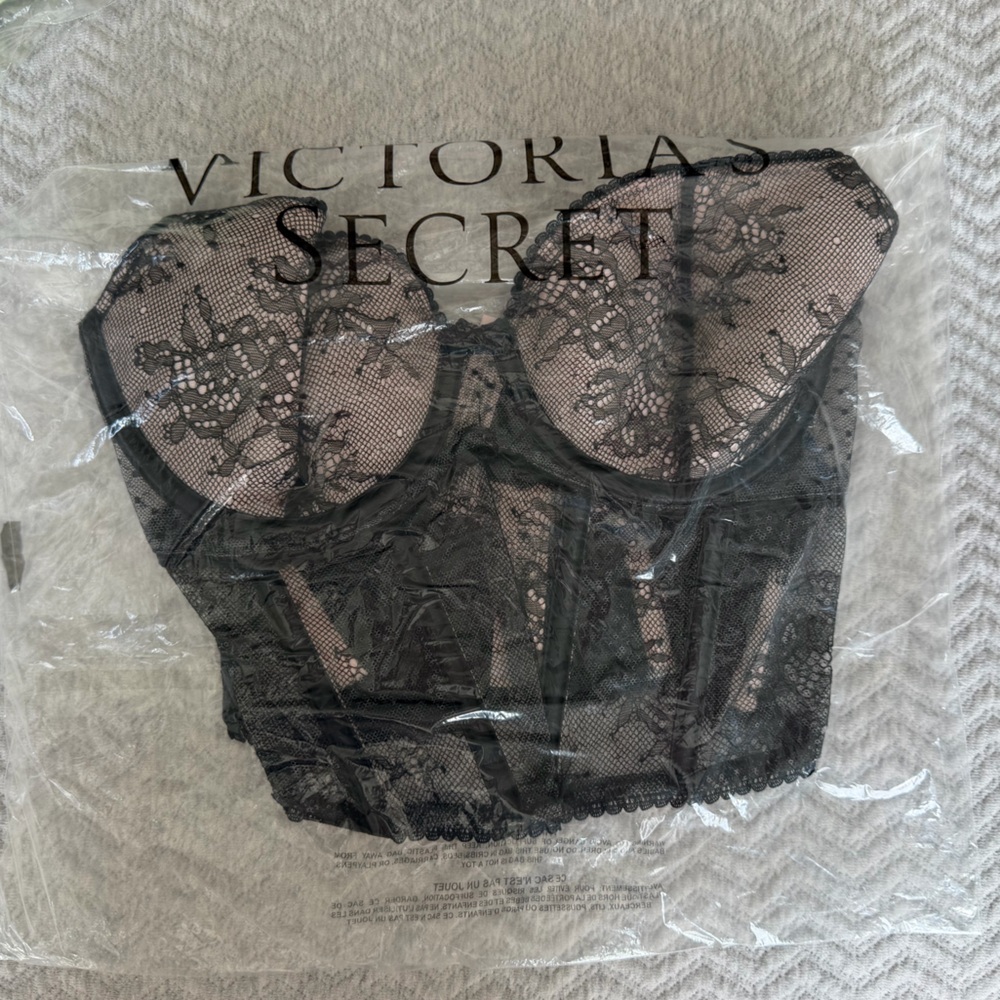 Victorias Secret Dream Angels Lace Cap-Sleeve Corset Top Black Purest Pink Small - Picture 3 of 10